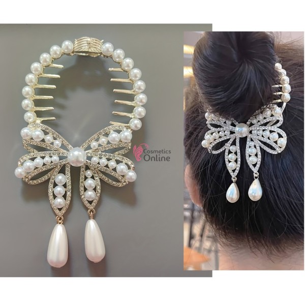 Accesoriu tip banana pentru prins parul din metal PZS050DD - Auriu cu cristale si perle